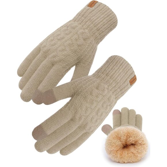 ⚡Women & Men Malt Beige Winter Touch Screen Warm Thick Fleece Lined Knit Gloves - Picture 1 of 7